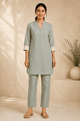 Safari Green Cotton Denim Co-Ord Set (Top & Pant) Safari Green Cotton Denim Co-Ord Set (Top & Pant)