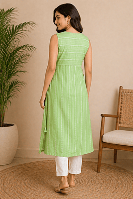 Pastel Green Sleeveless Straight Kurti with Woven Stripe Design & Side Tie-Up