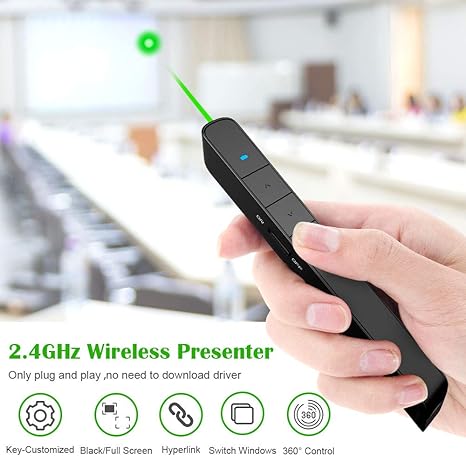Norwii N75 Wireless 2.4G Rechargable 360 mAh Battery Green Laser Presenter Pointer Clicker with Page Up Dn Hyperlink Function for Windows iOS Not Compatible with LCD LED TV Screen (Black)