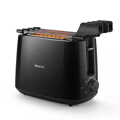 Philips 2-Slot Toaster – Black – Built-in Bun Warmer – Wide Slots, 8 Browning Settings- (Black)