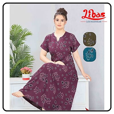 Chilled Wine Cotton Nighty With Floral Print All Over From Libas Loungewear - PS541