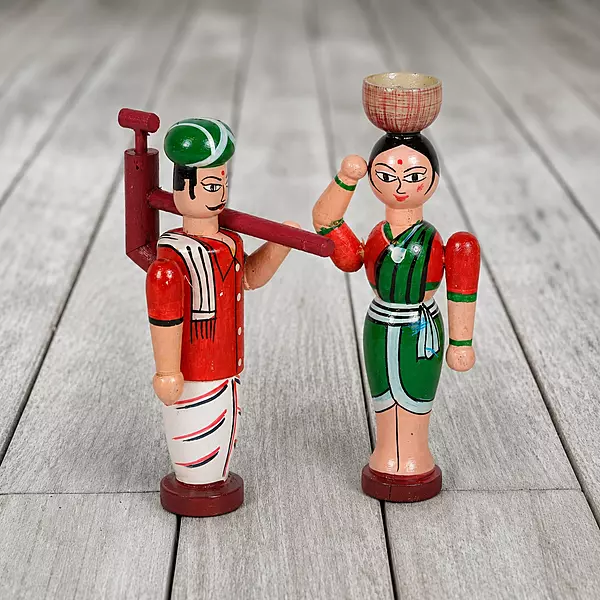 Channapatna Wooden Farmer Couple Dolls