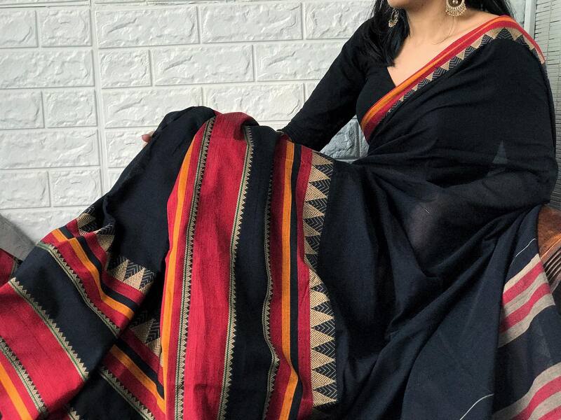 Black colour Narayanpet cotton saree