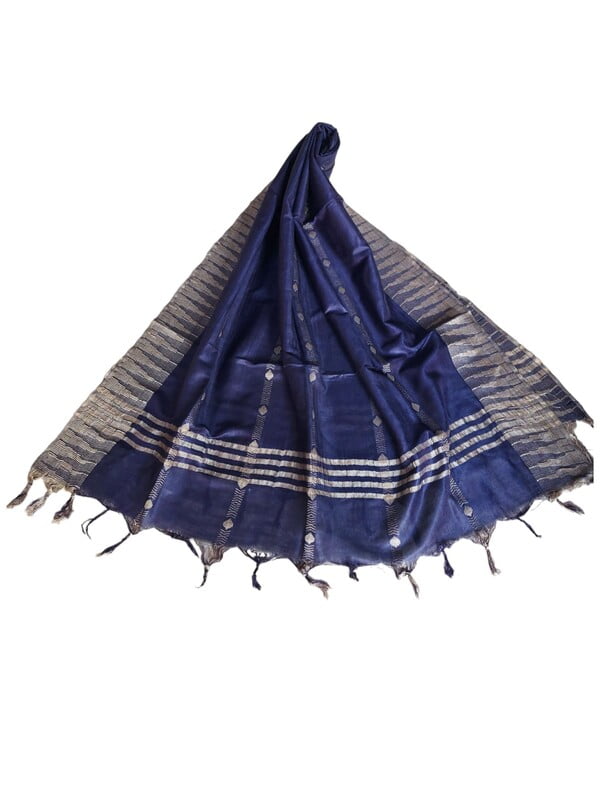 NavyBlue Striped Cotton Silk Dupatta with Temple Border