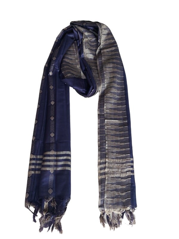 NavyBlue Striped Cotton Silk Dupatta with Temple Border
