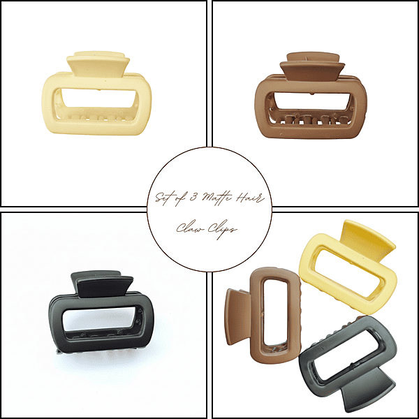 Rectangle Hair Claw Clips Set (3 Pcs) | Matte Finish Hair Clips