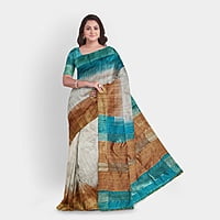 Ghicha Silk Ikkat Saree Handloom Tussar Cobalt Turquois and Ruddy Brown with BP Ghicha Silk Ikkat Saree Handloom Tussar Cobalt Turquois and Ruddy Brown with BP