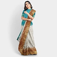 Ghicha Silk Ikkat Saree Handloom Tussar Cobalt Turquois and Ruddy Brown with BP Ghicha Silk Ikkat Saree Handloom Tussar Cobalt Turquois and Ruddy Brown with BP