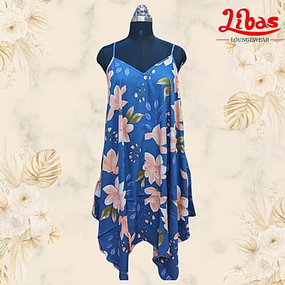 Bluish Soft Cotton Short Nighty With Floral Print All Over From Libas Loungewear - SHN073