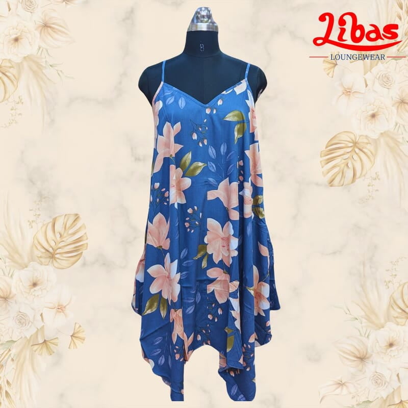 Bluish Soft Cotton Short Nighty With Floral Print All Over From Libas Loungewear - SHN073