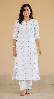 Women’s White Cotton Co-Ord Set with Black Motifs with Lining | Straight Kurta Top & Pants | V-Slit Neck