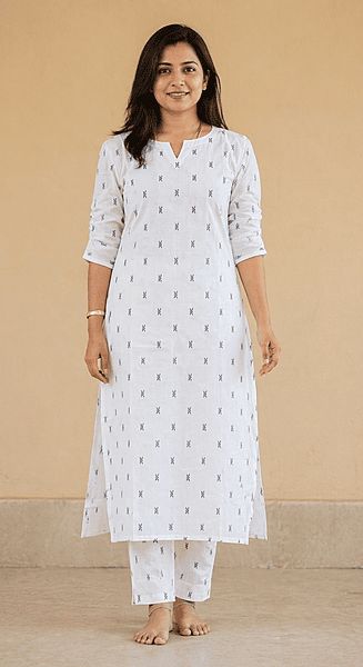 Women’s White Cotton Co-Ord Set with Black Motifs with Lining | Straight Kurta Top & Pants | V-Slit Neck
