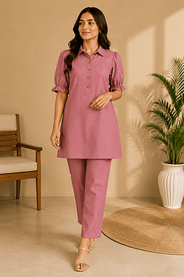 Burgundy Rose Cotton Denim Co-Ord Set (Top & Pant) Burgundy Rose Cotton Denim Co-Ord Set (Top & Pant)