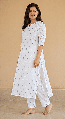 Women’s White Cotton Co-Ord Set with Black Motifs with Lining | Straight Kurta Top & Pants | V-Slit Neck