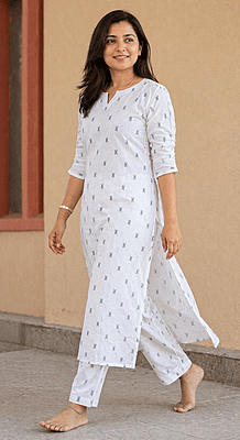 Women’s White Cotton Co-Ord Set with Black Motifs with Lining | Straight Kurta Top & Pants | V-Slit Neck