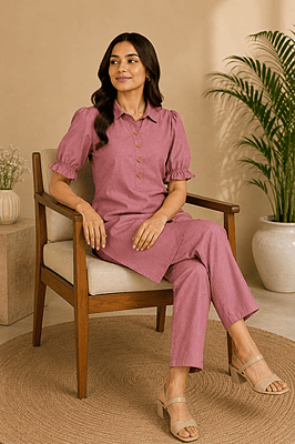 Burgundy Rose Cotton Denim Co-Ord Set (Top & Pant) Burgundy Rose Cotton Denim Co-Ord Set (Top & Pant)