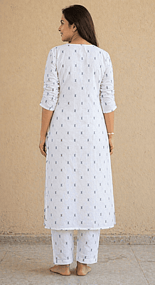 Women’s White Cotton Co-Ord Set with Black Motifs with Lining | Straight Kurta Top & Pants | V-Slit Neck