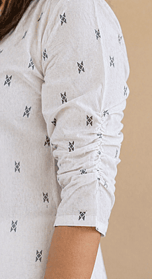 Women’s White Cotton Co-Ord Set with Black Motifs with Lining | Straight Kurta Top & Pants | V-Slit Neck