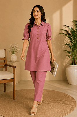 Burgundy Rose Cotton Denim Co-Ord Set (Top & Pant) Burgundy Rose Cotton Denim Co-Ord Set (Top & Pant)