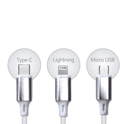 Champion 3 in 1, USB Data Cable 2.4Amp Braided for Micro USB ,Type-C, Lightning Port Devices 1.2M (Silver) Champion 3 in 1, USB Data Cable 2.4Amp Braided for Micro USB ,Type-C, Lightning Port Devices 1.2M (Silver)