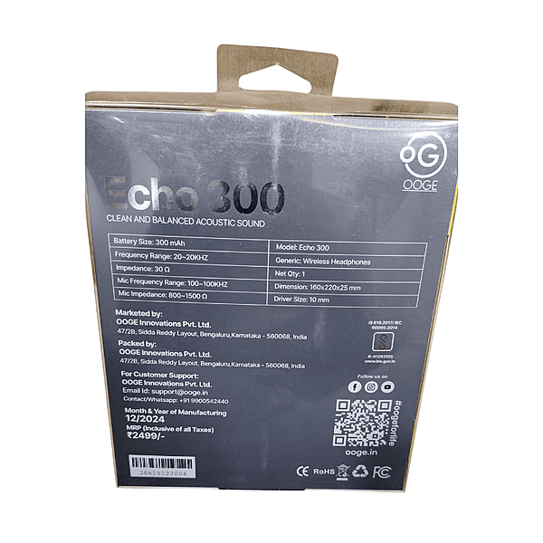 OOGE Echo 300 Wireless Bluetooth Headphones – Stereo Sound | Comfortable Fit | Music & Calls