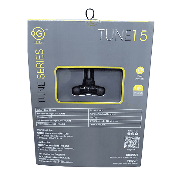 OOGE Tune 15 Wireless Neckband – Bluetooth | Deep Bass | In-Line Controls | Music & Calls