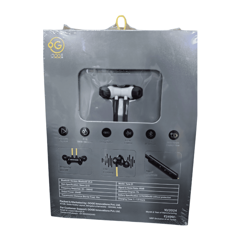 OOGE Tune 21 Wireless Neckband – Bluetooth | Deep Bass | In-Line Controls | Music & Calls