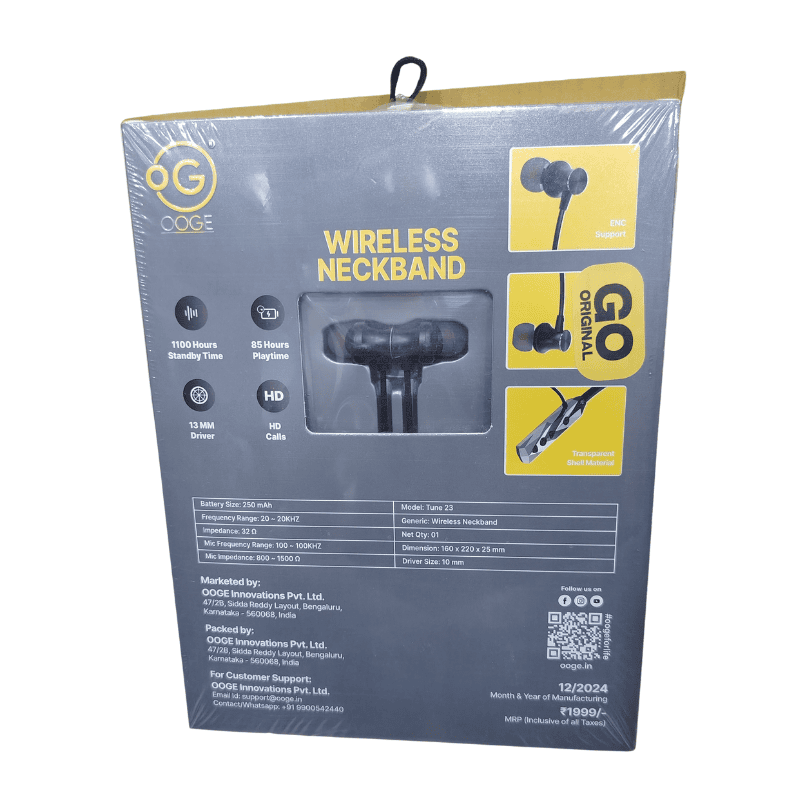 OOGE Tune 23 Wireless Neckband – Bluetooth | Deep Bass | In-Line Controls | Music & Calls