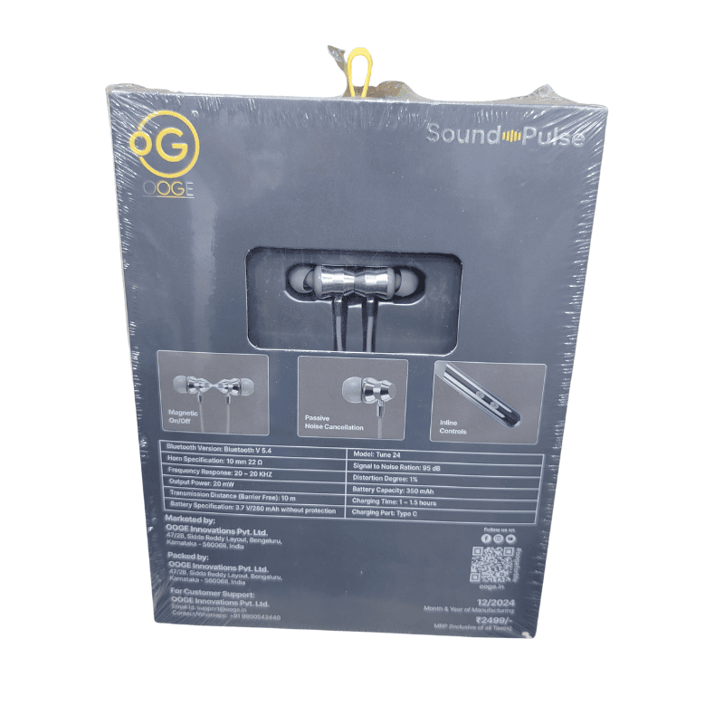 OOGE Tune 24 Wireless Neckband Earphone – Bluetooth | Deep Bass | In-Line Controls | Music & Calls