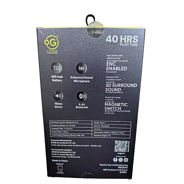 OOGE Tune 7 In-Ear Bluetooth Neckband – Wireless | Deep Bass | In-Line Controls | Music & Calls