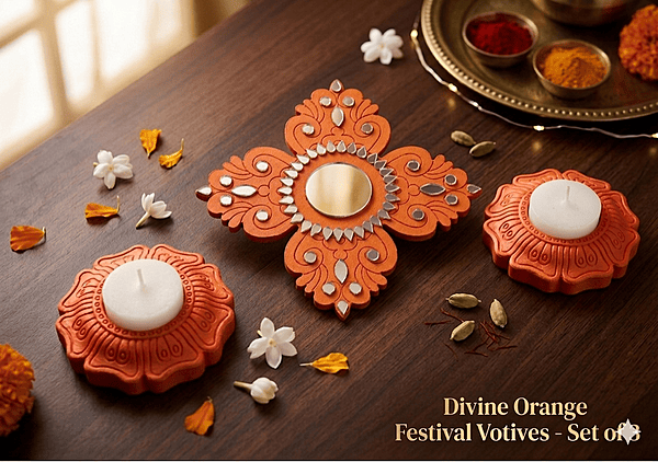 SET OF ORANGE DIYAS & RANGOLI
