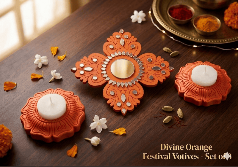 SET OF ORANGE DIYAS & RANGOLI