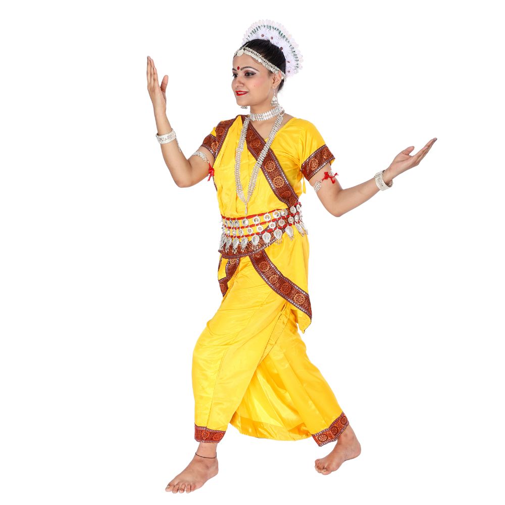 Odissi Dance Dress Yellow with Maroon Border Odissi Dance Dress Yellow with Maroon Border