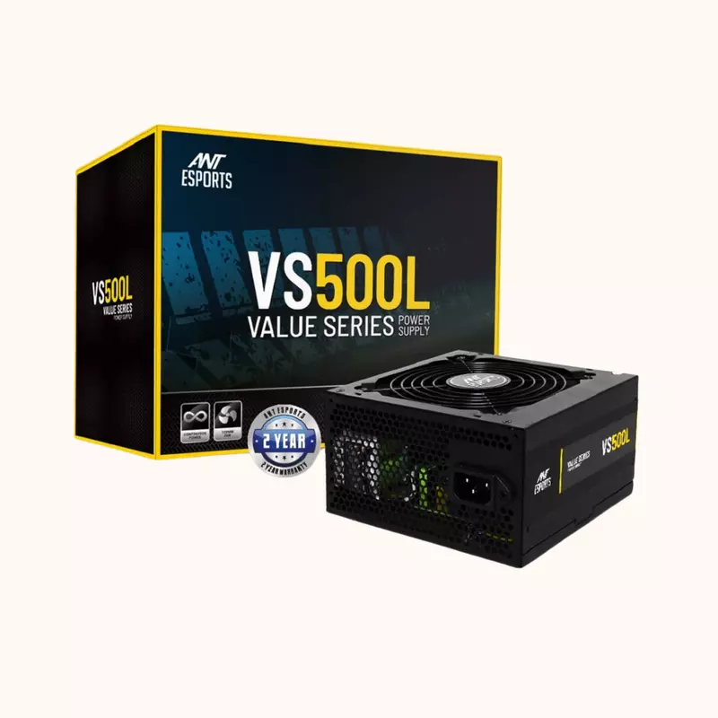 Open Box ANT Esports Non Modular High Efficiency Gaming Power Supply/PSU with 1 x PCIe and 120mm Silent Fan VS500L