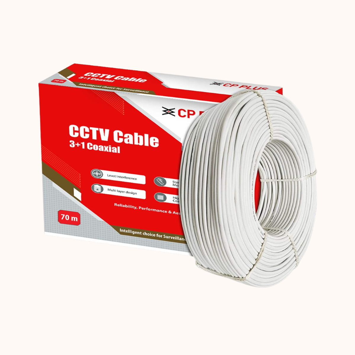 Open Box CP PLUS 3+1 Coaxial Pure Copper CCTV Camera Standard Cable for Security and Surveillance | Solid Annealed Bare Copper Conductor | Video, Power and Audio Communication White - CP-ECC-70R