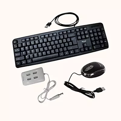 Open Box Quantum Hi-Tech QHM 7403/222 Wired USB Mouse, Keyboard & QHM6633 USB 4 Port Hub Combo Set
