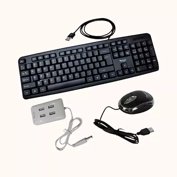 Open Box Quantum Hi-Tech QHM 7403/222 Wired USB Mouse, Keyboard & QHM6633 USB 4 Port Hub Combo Set