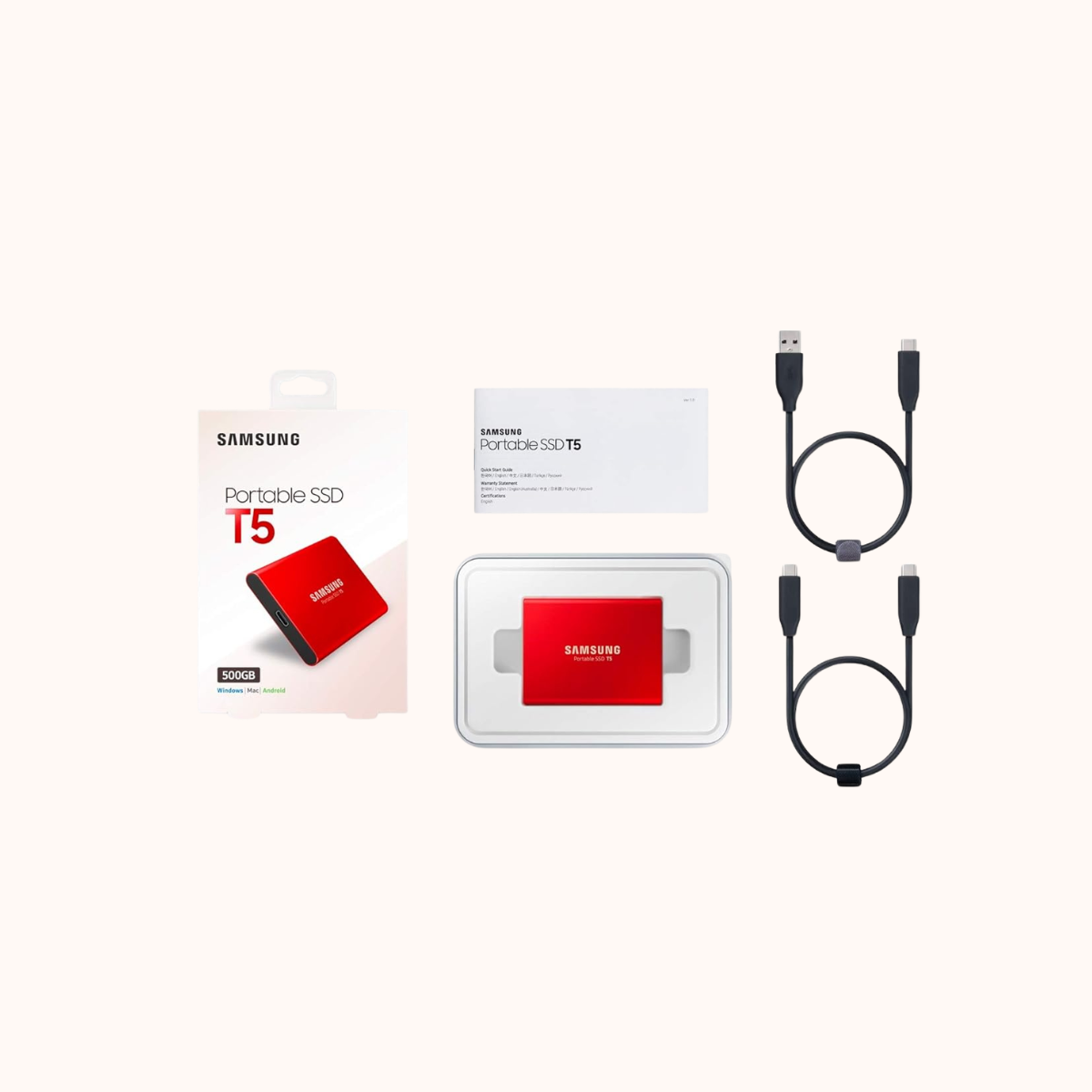 Open Box Samsung Up to 540MB/s USB 3.1 Gen 2 (10Gbps, Type-C) External Solid State Drive (Portable SSD) Metallic Red, T5 500GB