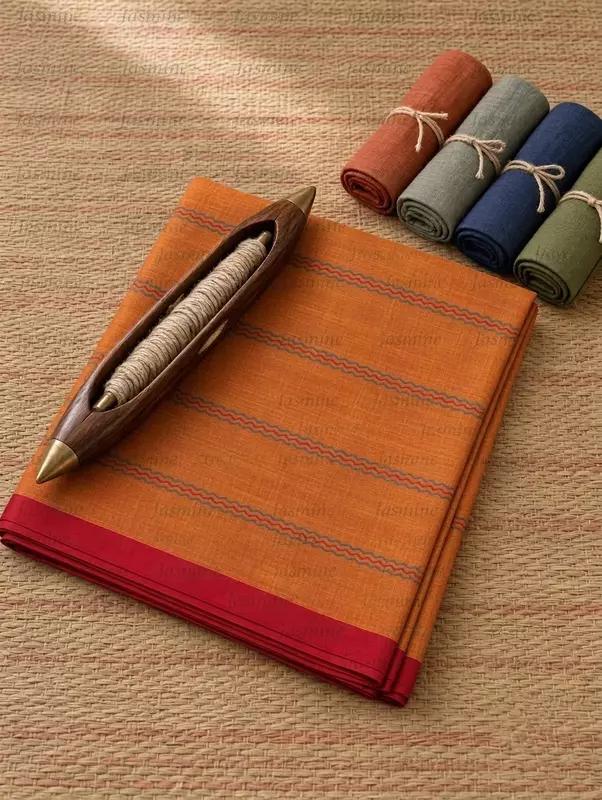 Orange mercerised cotton saree with geometric woven-line body and red border