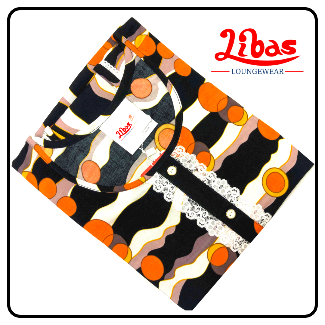 Orange white & black striped geometric printed rayon sleeveless nighty from libas loungewear-SL028