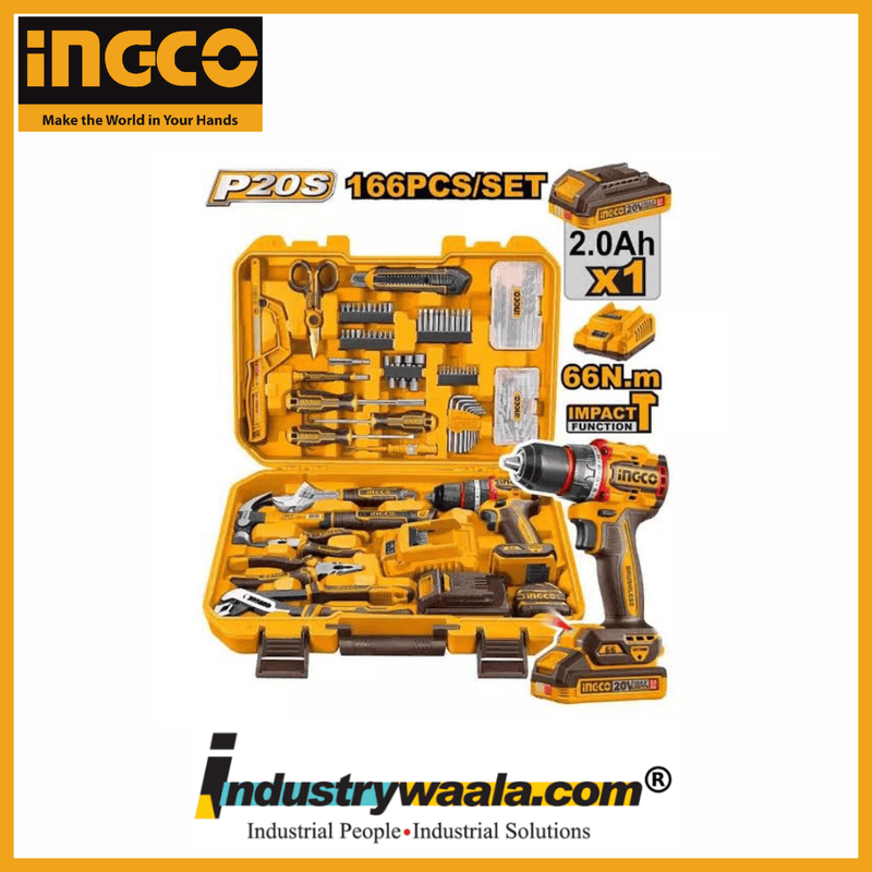 INGCO HKTHP41662 166 Pcs Tools Set – 20V Cordless Impact Drill Kit