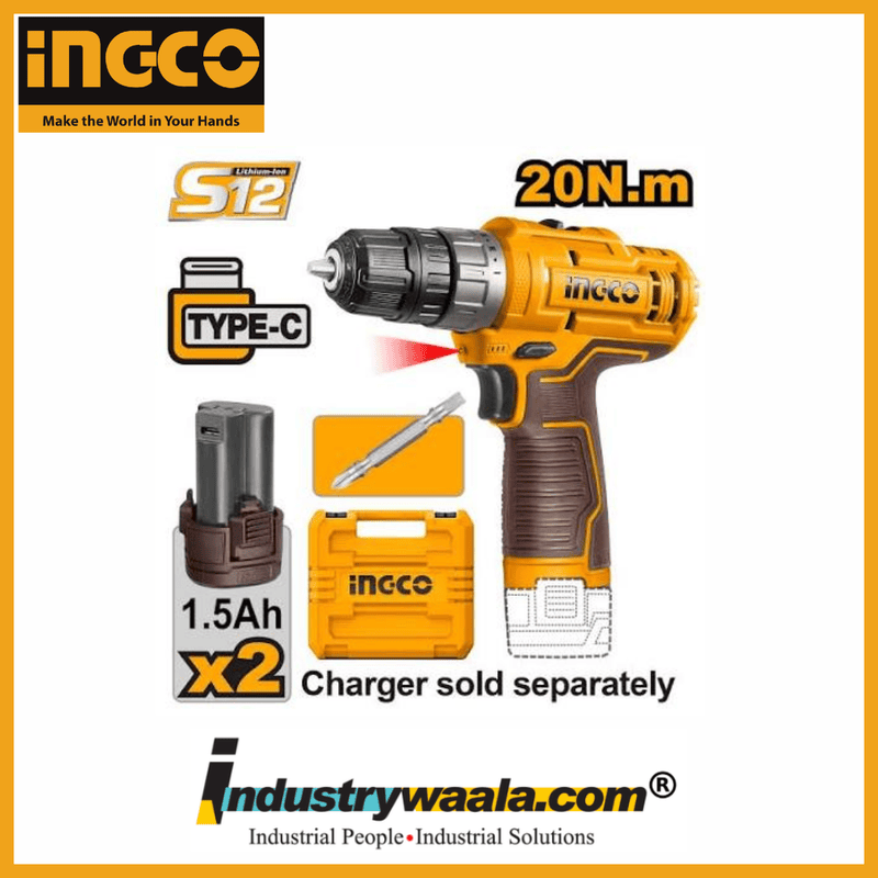 INGCO CDLI12206 12V Cordless Drill – 20Nm – 2 × 1.5Ah Batteries