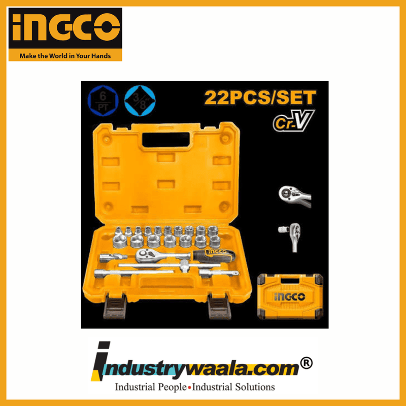 INGCO HKTS38221 22 Pcs 3/8" Socket Set | Cr-V Steel Tool Kit