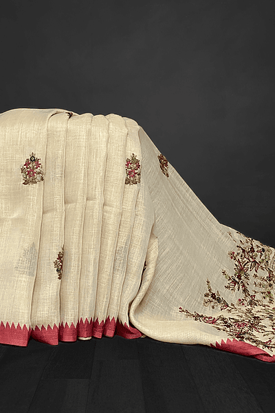 Saanvi White Base – The Linen French Knot Saree SWS143