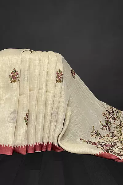 Saanvi White Base – The Linen French Knot Saree SWS143