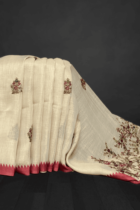 Saanvi White Base – The Linen French Knot Saree SWS143