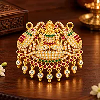 Impon Temple Pendant for Women | Gold Finish Lakshmi Design Pendant with Ruby & Green Stone Detailing