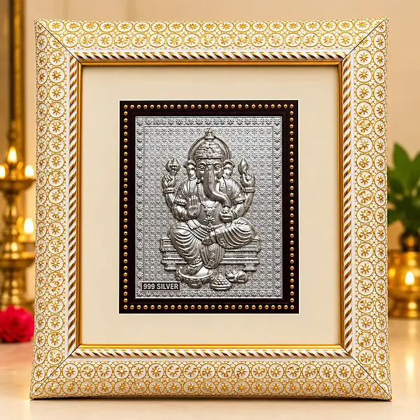999 Silver Ganesha Wall Frame – White & Gold Decorative Design
