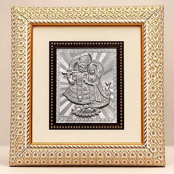 Radha Krishna 999 Silver Artwork with Decorative Wall Frame