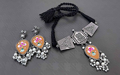 Oxidised Silver Plated Choker Set - 10